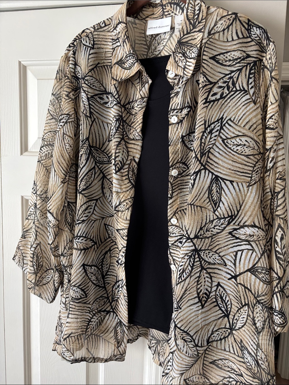 Alfred Dunner Sheer Beige/Black Leaf-Print Button Front Shirt with Black Tank